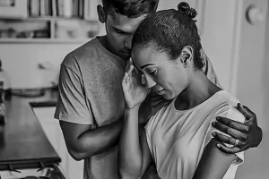 Casal triste na cozinha preparando o almoço