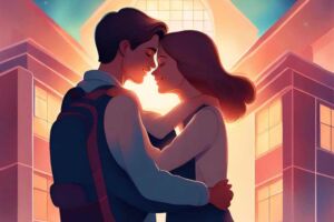 Ilustração de casal se acariciando na escola